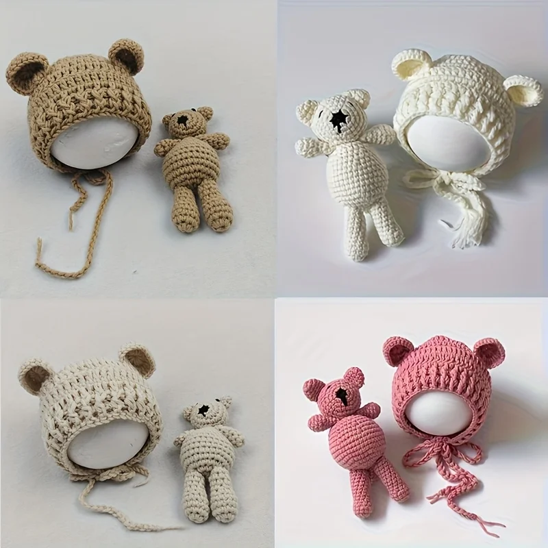 Cute Photography Props Cute Handknitted Bear and Hat Photography Pose Props Knitted Handmade Gift Cartoon Hat Photography Studio