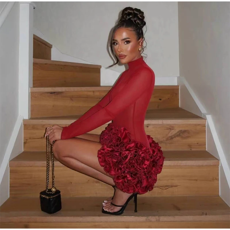 Sexy Strapless Red 3D Flowers Dress Outfits Women Bandage Backless Tube Top Mini Skirts Lady Celebrity Party Cocktail Skirt Suit