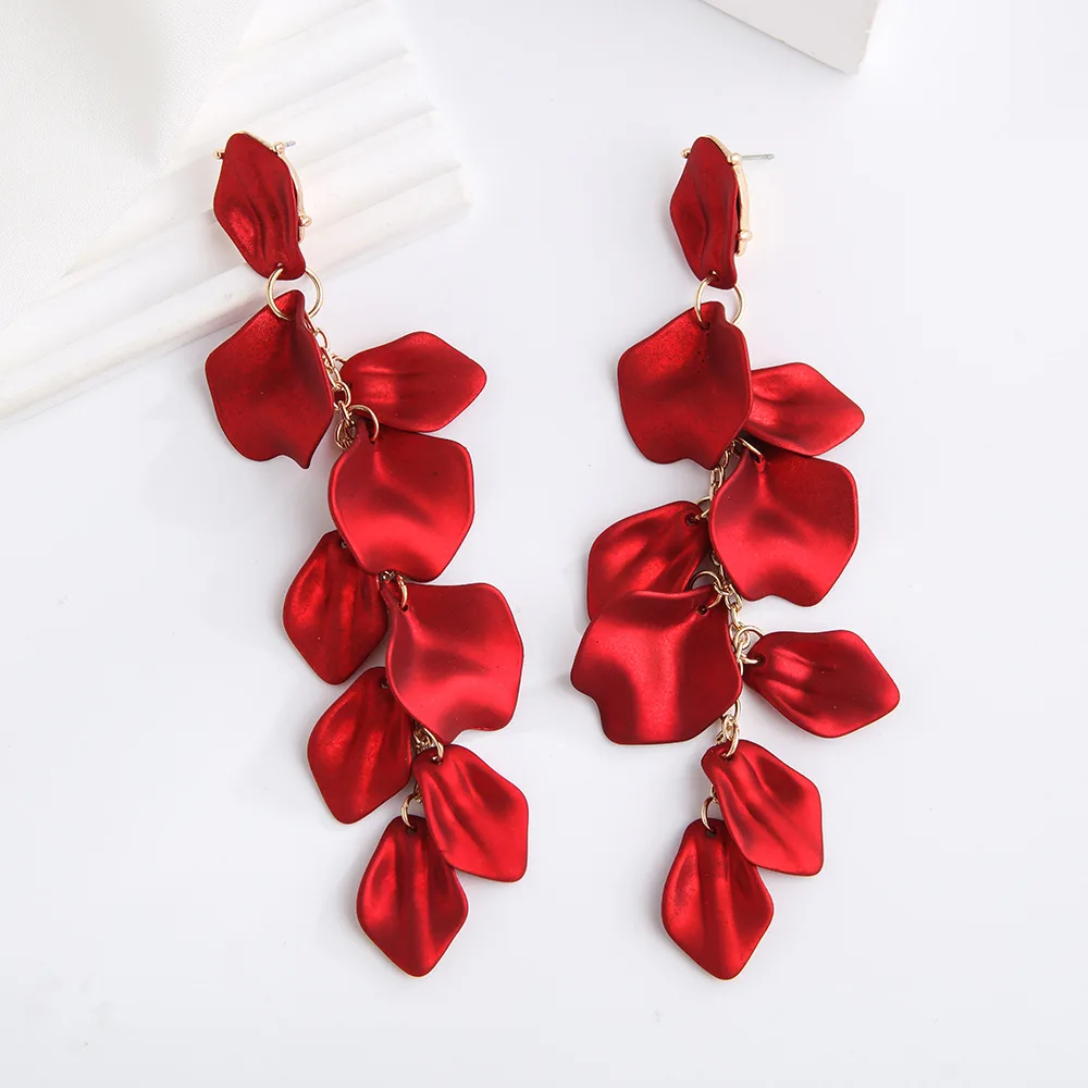 Trendy Petal Tassel Long Drop Earrings for Women Red Blue Exaggerate Big Dangle Earrings Wedding Party Personality Jewelry Gift