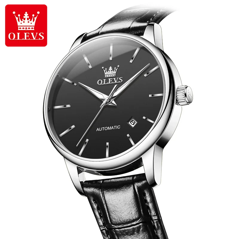 OLEVS Automatic Watch For Men Simple High End Classic Self Winding Mechanical Watches Calenda Leather Strap Waterproof 6725
