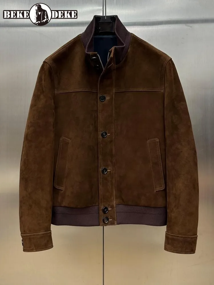 Retro Solid Color Single-Breasted Long Sleeves Pocket Genuine Leather Jackets Slim Male Stand Collar Sheepskin Outerwear