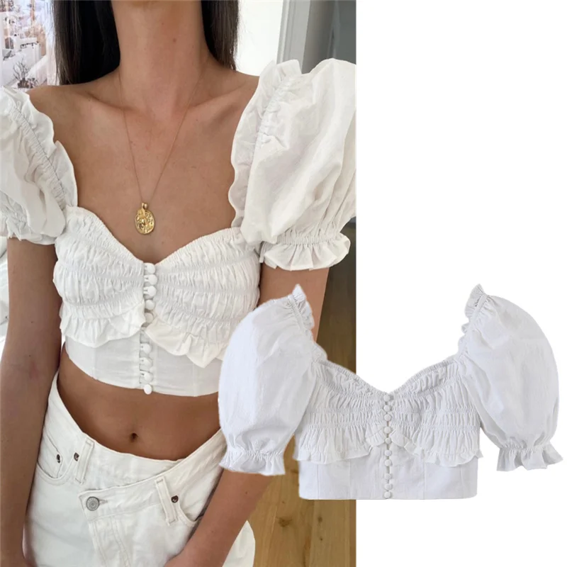 

Ретро квадратный воротник Bubble Sve Button up ort irt Age Reduction Belly Button Exposure Slimming Small irt Street Sle