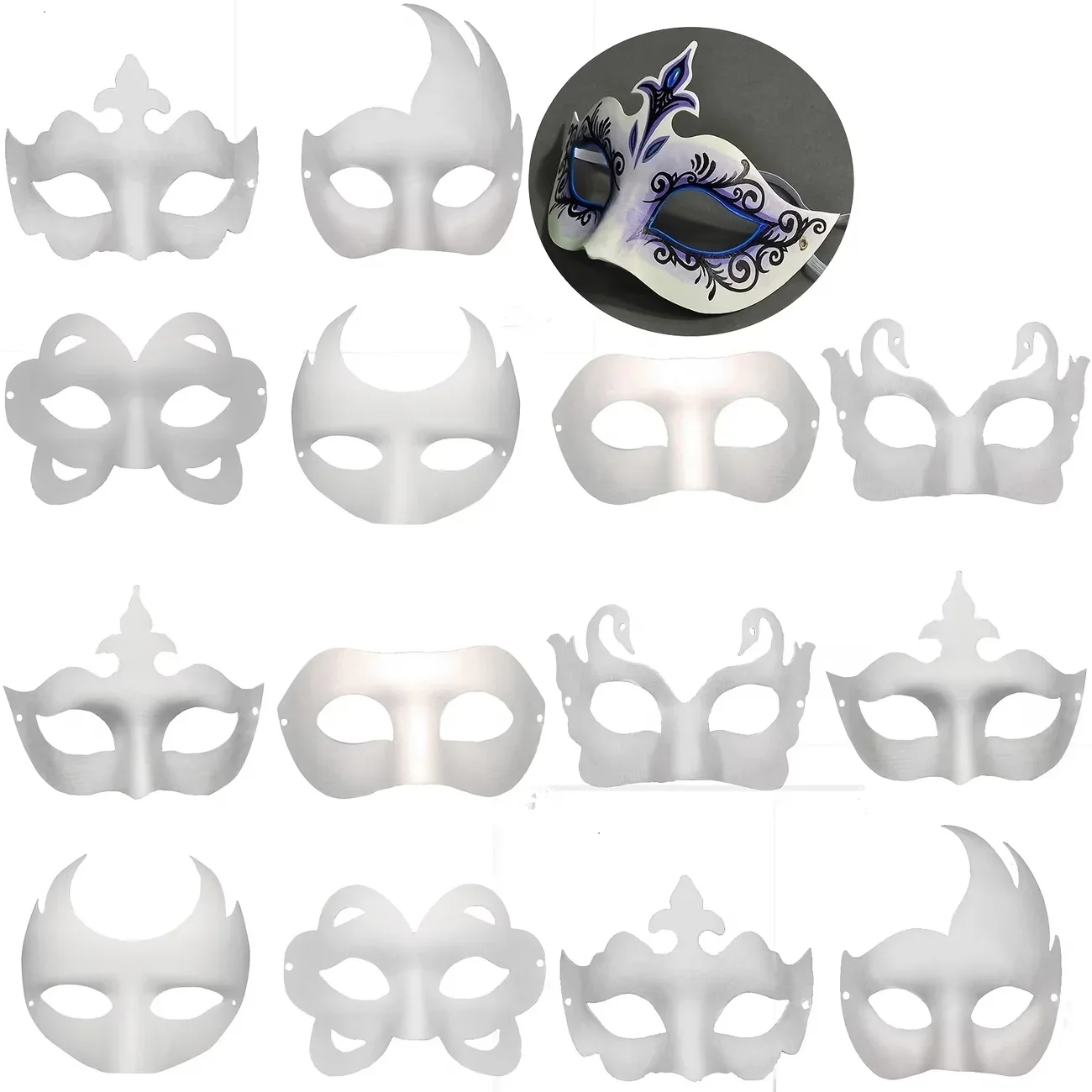 

6 Different DIY Unpainted White Masquerade Masks for Carnival Opera Role-Playing Dance Party Paper Material, Party Accessories