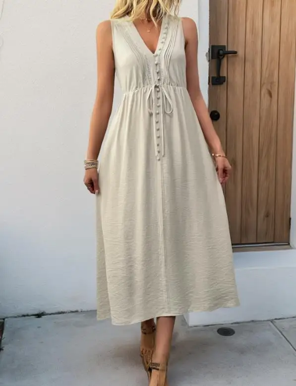 

Casual Women's Dress, Summer V-Neck Slim Fit Button Up Front, Lace Up Waist, A-Line Sleeveless Dress Suitable for Vacation