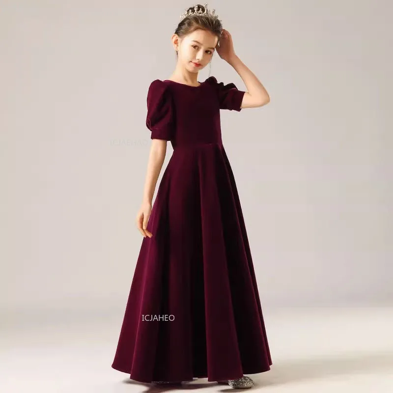 Girls Short Sleeve Party Dress for Piano Performance Pageant Formal Celebration Costume Children Orchestra Concert Recital Gown