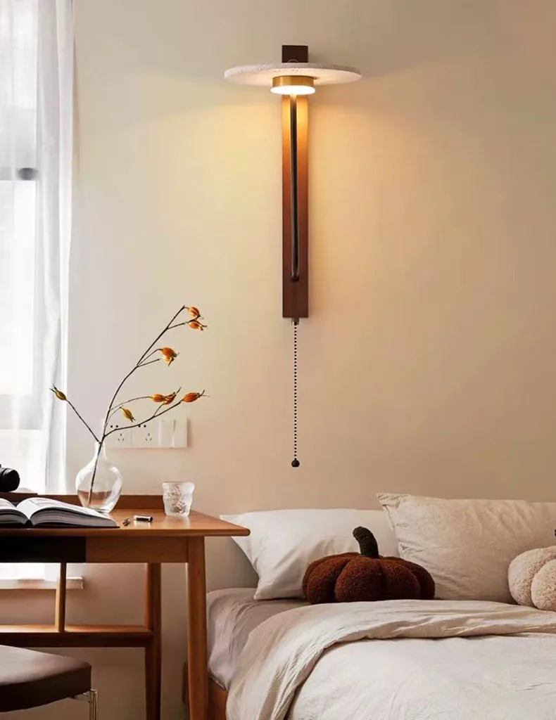 Creative Round Natural Stone Wall Light Dark Wood 3000K