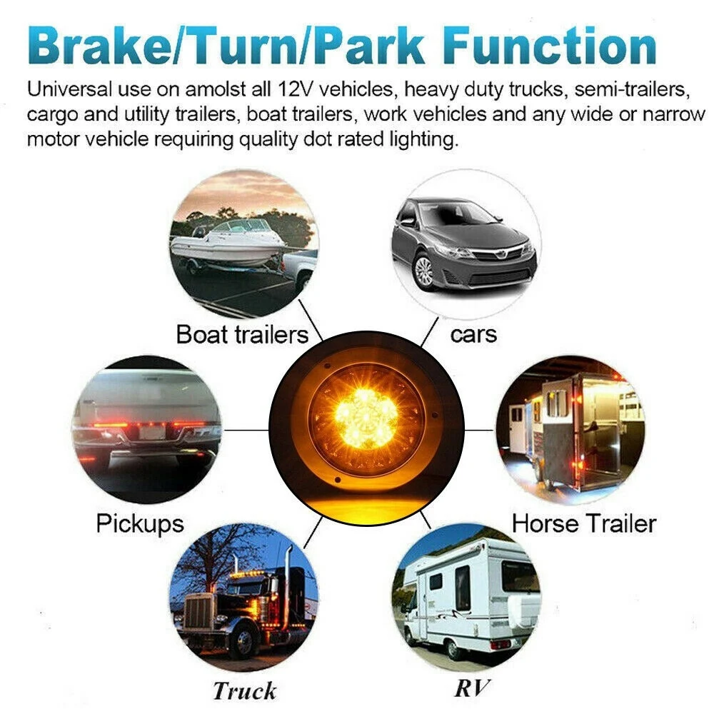 ABOK-2X 4 Inch 16 LED Round Truck Trailer RV Brake Stop Turn Tail Signal Light Red Amber Chrome Waterproof 12-24V
