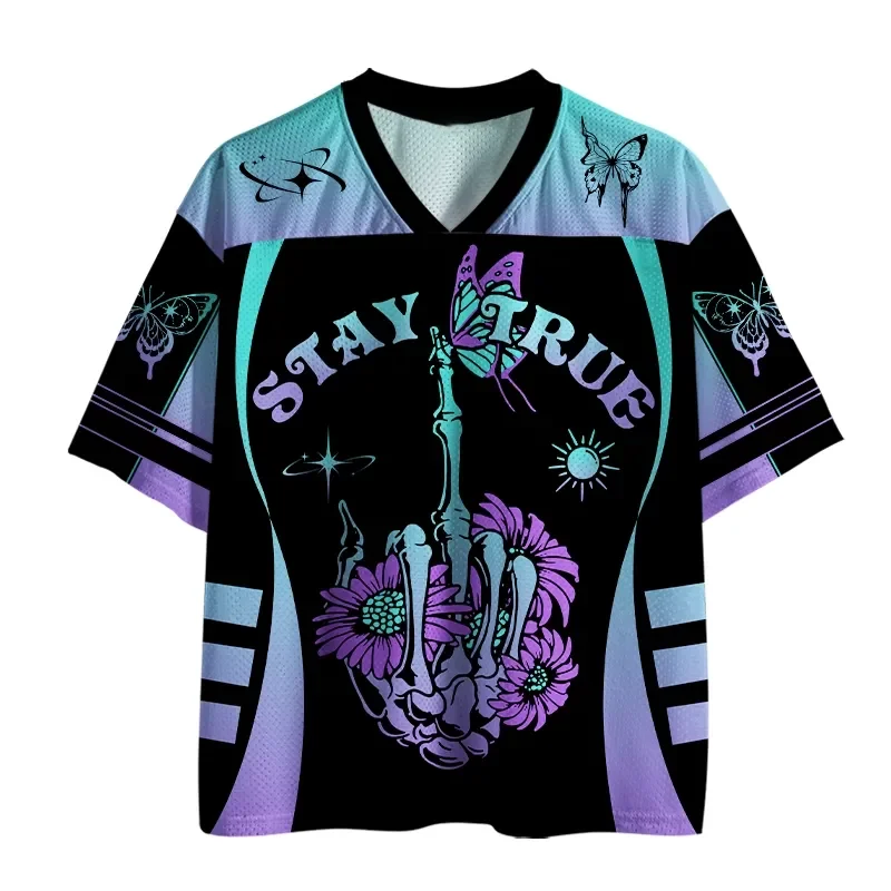 Men Women Skeleton Hand Butterfly Floral V Neck Jersey Short Sleeve Oversized Streetwear Casual Mesh Sport Shirt Gothic Top