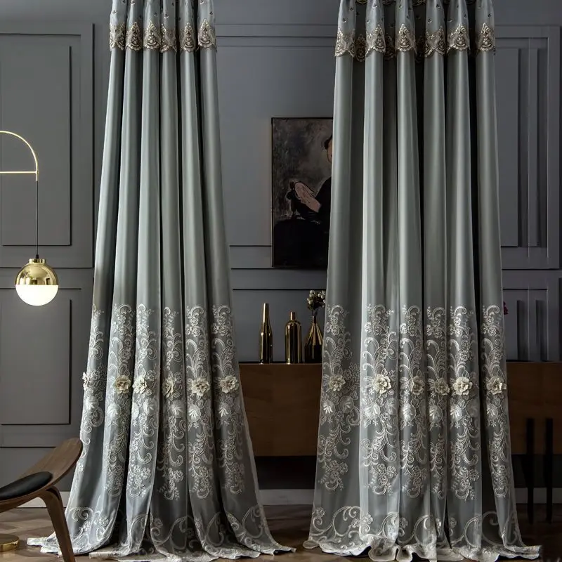 Luxury Embroidered Double Layer Curtain with Tulle Sheer Blackout Thermal Insulated Window Drapes for Living Room Bedroom