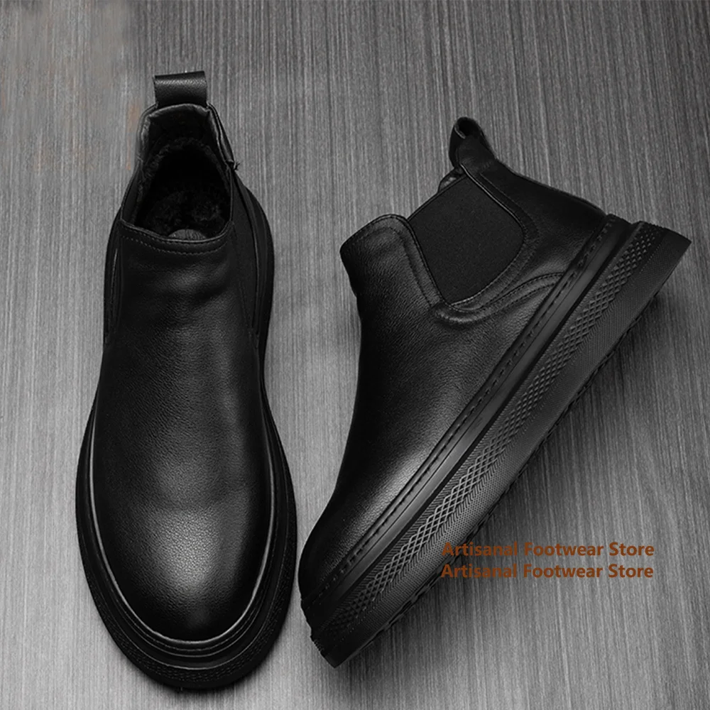 

Thick Soled Black Leather Men's Boots Elastic Band Soft Leather Booties British Style New In Trendy Handmade Men's Shoes