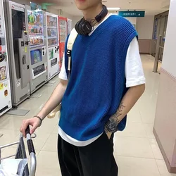 Men's Clothing Solid Color Vest V Neck Waistcoat Knit Sweater Male Plain Blue Baggy Sleeveless Korean Style Spring Autumn 2024 X