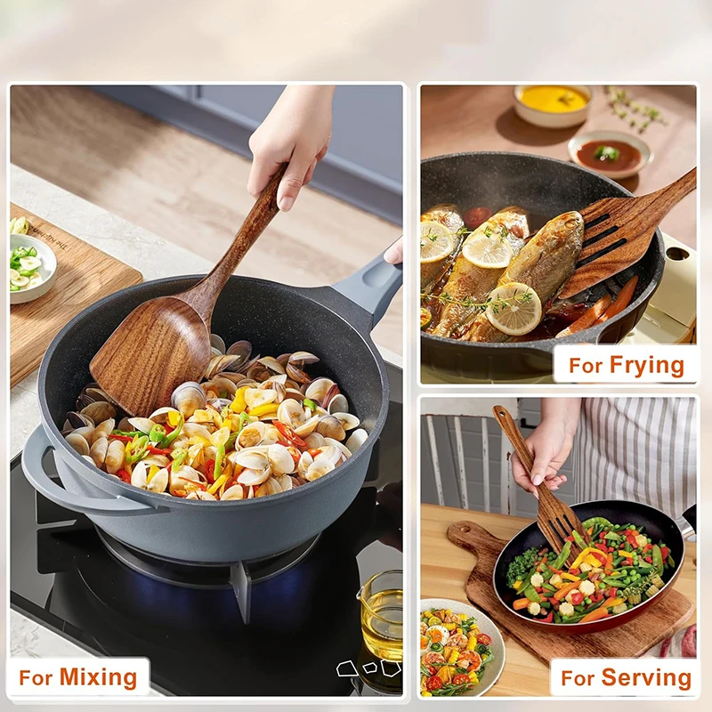2Pcs Wooden Spatula Acacia Wood Long Handle Flat Frying Turner Spatulas Nonstick Cooking Utensils Cooking Tools Kitchen Supplies