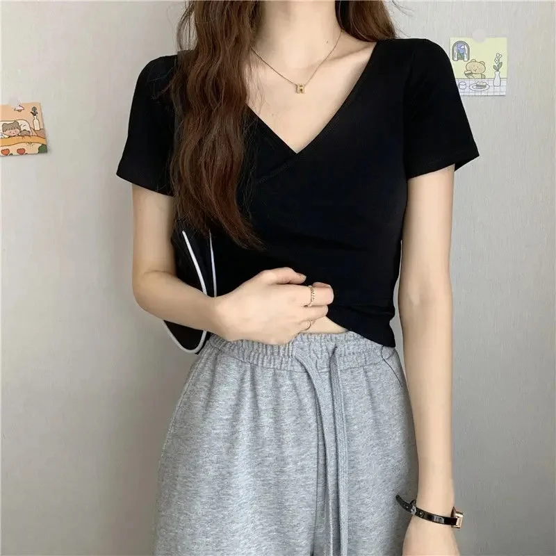 Short Sleeve T-Shirt Women's Casual Slim Fit Cross Design Summer New Style Korean Version Pure Color Top V-neck Nylon Material