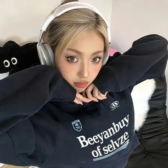 Retro Pattern Sweatshirt Women American Loose Round Neck Solid Color Sports Pullover Harajuku Autumn Winter Top