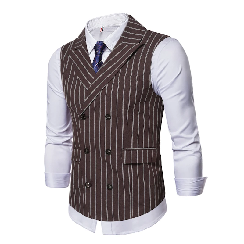 Men Brown Suit Vest Jacket Steampunk Clothing 2022 Vintage Striped Double Breasted Waistcoat Gilet Hombre Men Wedding Dress Vest