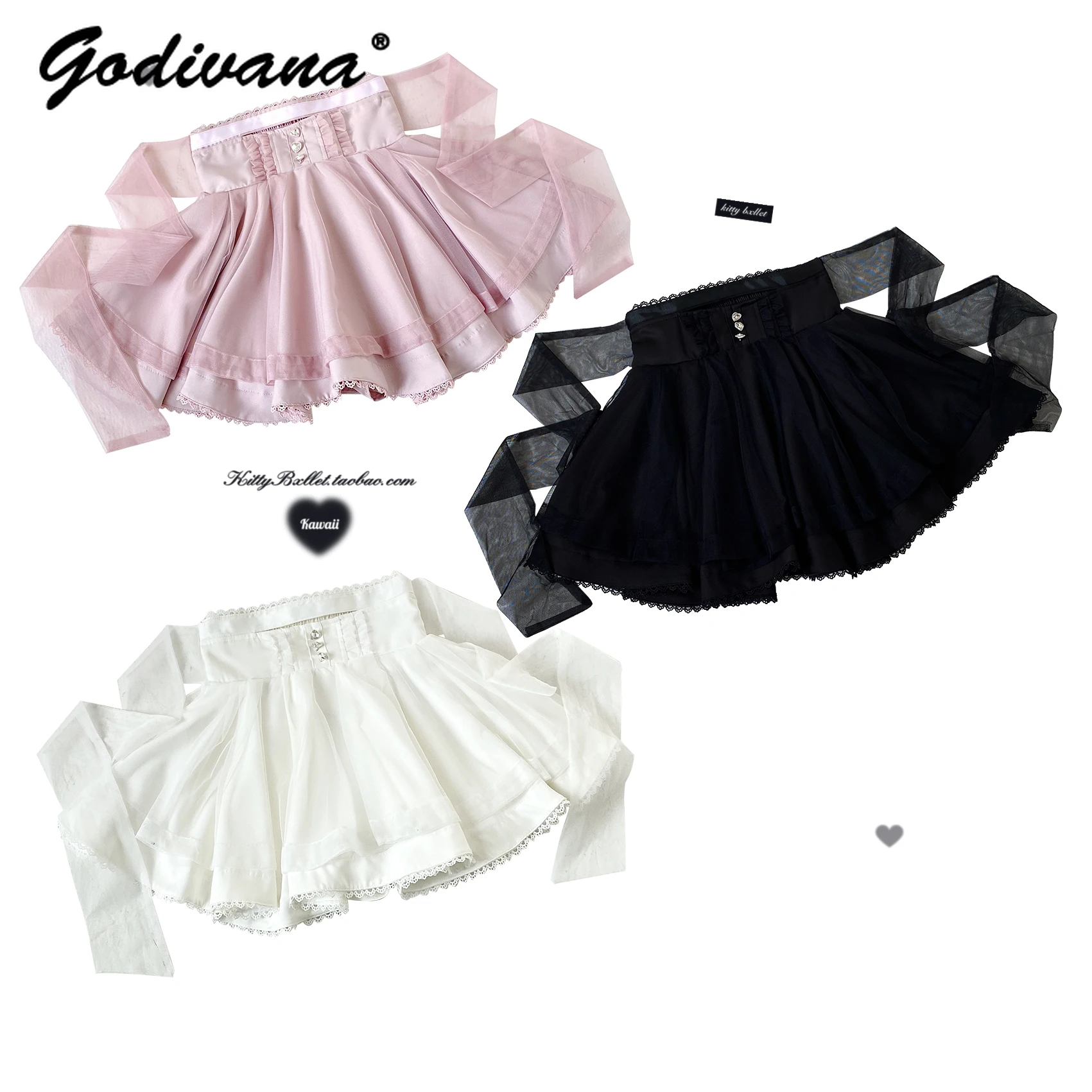 Japanese Mine Diamond Buckle Fairy Gauze Skirt New Spring Summer Sweet Cute Girl Women's Pure Color High Waist Mini Skirts