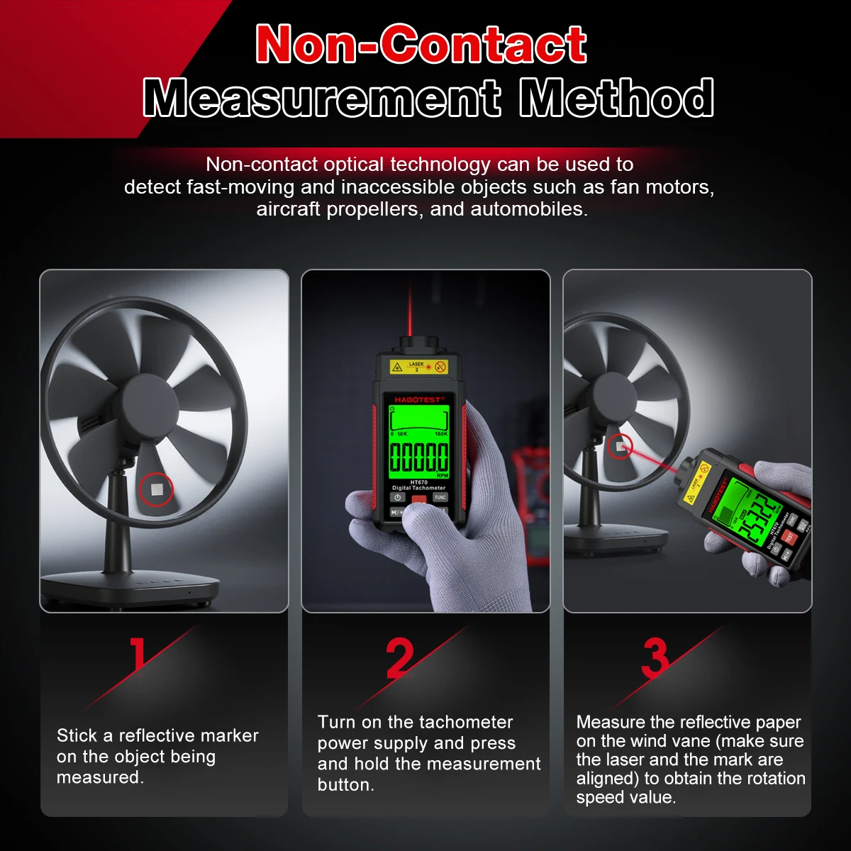 Cyfrowy tachometr HT670 2.5-99999 obr./min Bezdotykowy, precyzyjny tachometr do pomiaru prędkości obrotowej silnika