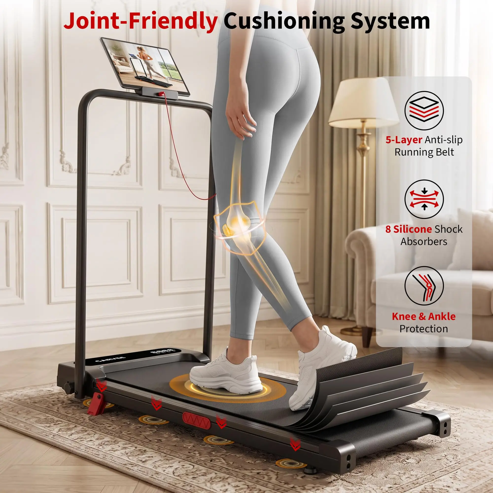 3.0HP Under Desk Walking Pad Treadmill for Home/Office, Portable Folding Compact Electric Treadmill with Smart App, Walking Jogging Running Machine with Safety Handlebar - Black/Pink