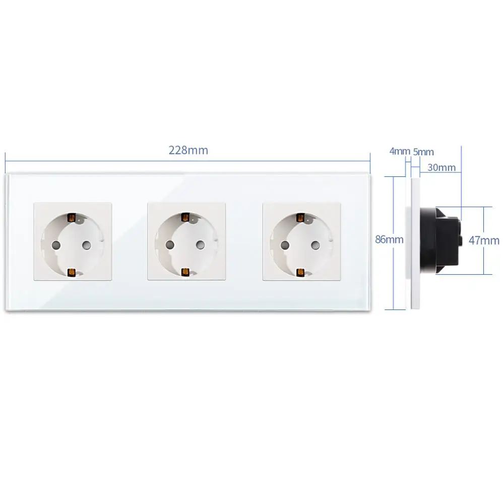 Bingoelec EU Standard Triple Germany Power Socket White Black Gold Crystal Toughened Glass Panel 16A Wall Socket 86*228mm