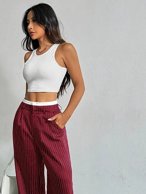 

Women's Faionable Striped Spliced Straight Leg Pants Drapey High Waist Wide Leg Trousers Commute Sle Autumn Collection