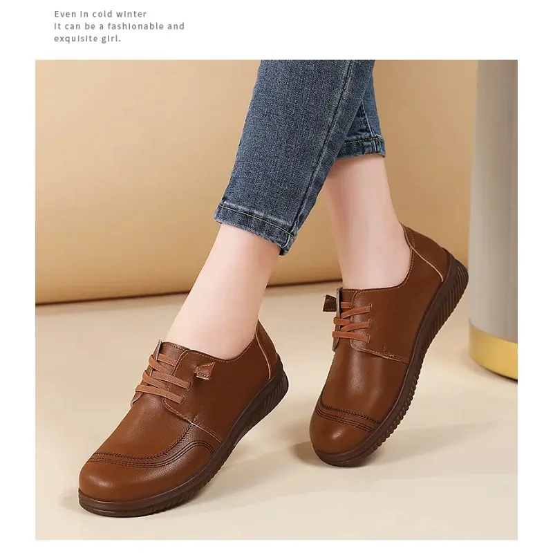 

New real leather barefoot flats woman lace up moccasins mother comfortable flat drive shoes ladies vintage oxfords flats loafer