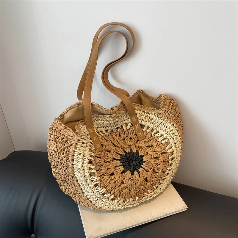 Runde, lässige Tragetasche mit Reißverschluss, Urlaubstasche, trendige große gewebte Strandtasche, Urlaubsreise-Handtasche für Frauen und Mädchen
