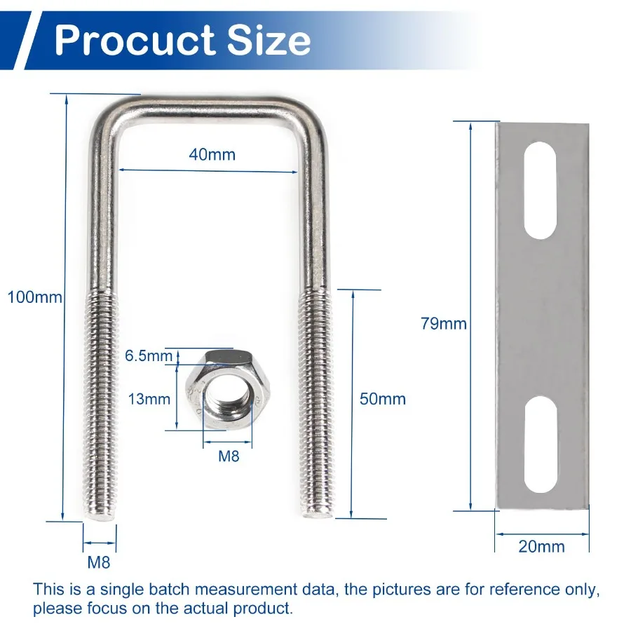 4 pezzi quadrati UBolts 11 2 "larghezza interna M8 x 40 x 100 mm UBolts in acciaio inossidabile 304 con piastre telaio e dadi 3,94" lunghezza per Aut