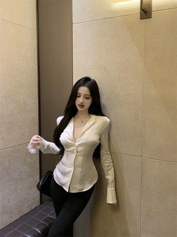 Backless Lace Youthful Fashion Black Long Sleeve Shirt Women V Neck Patchwork Elegant Basic Blouse Lady Office Casual White Top