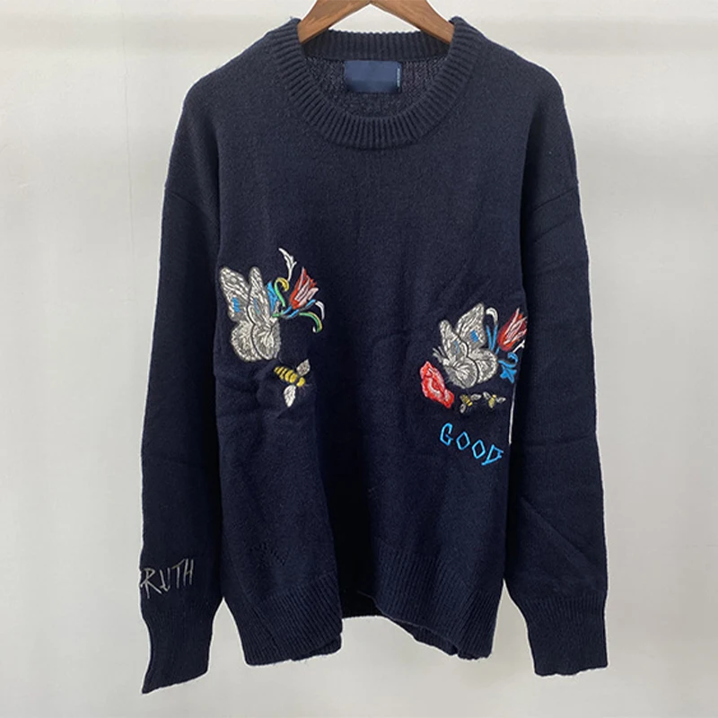 

Crew Neck Women Sweaters Loose Navy Blue Jumper Flower Embroidery Pullover Butterfly Letter Cashmere Top Casual Winter Sweater