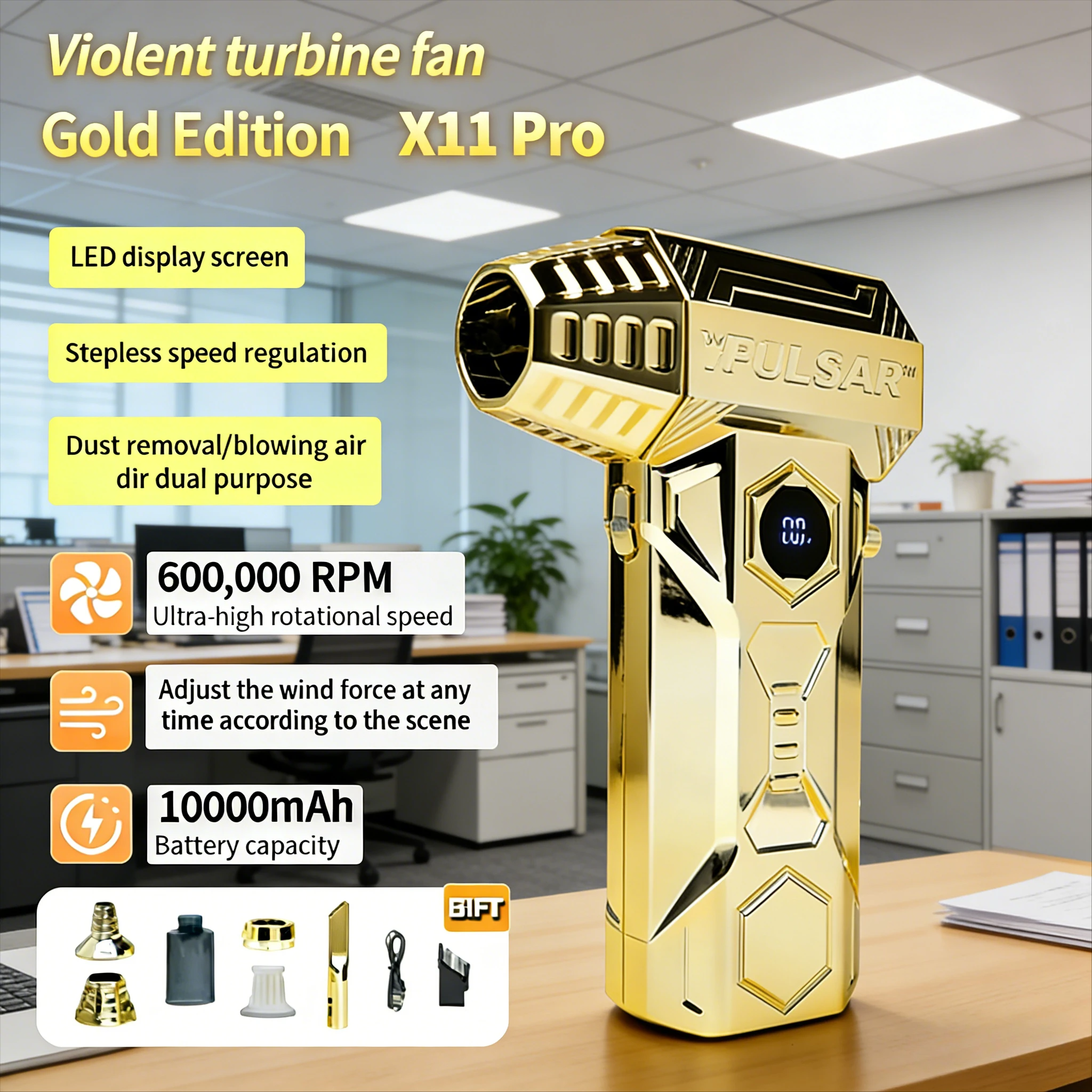 

Gold X11 Mini Handheld Fan | 580000RPM Violent Turbo Blower | Portable Outdoor Camping Dust Blower for Car & Home Cleaning