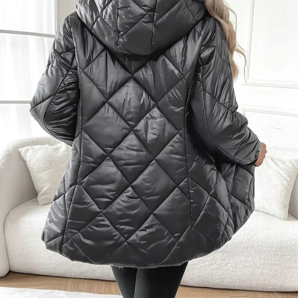 Women Winter Cotton Padded Parka Coat Hooded Diamond Lattice Jacket Long Sleeve Elegant Casual Mid Length Warm Outwear