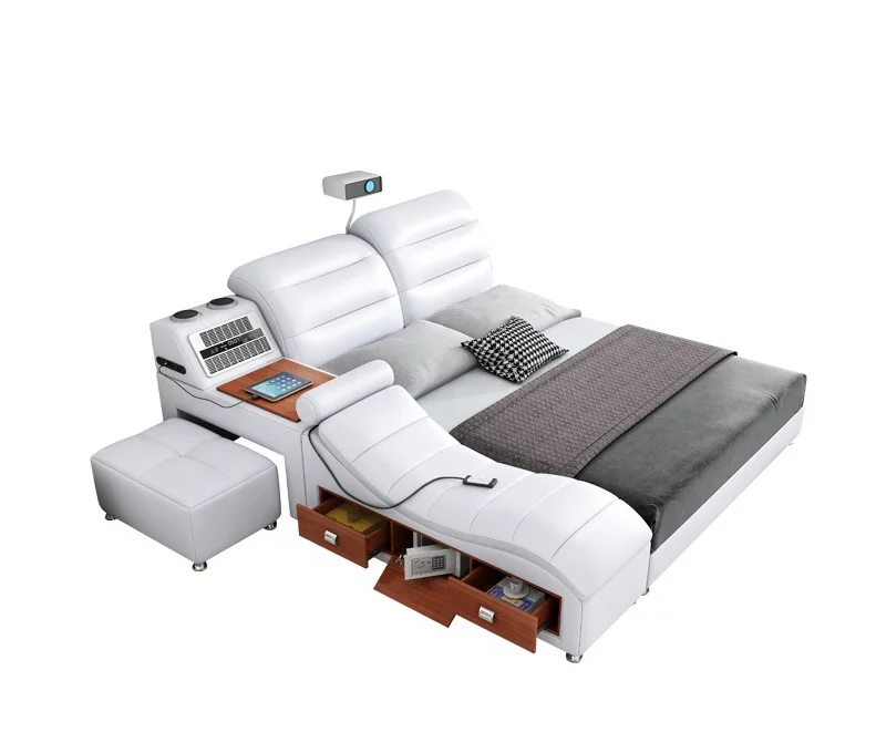 Multifunctional Electric Genuine Leather Massage Bed Modern Minimalist Style USB Interface Disassembly Lifting For Home Bedroom