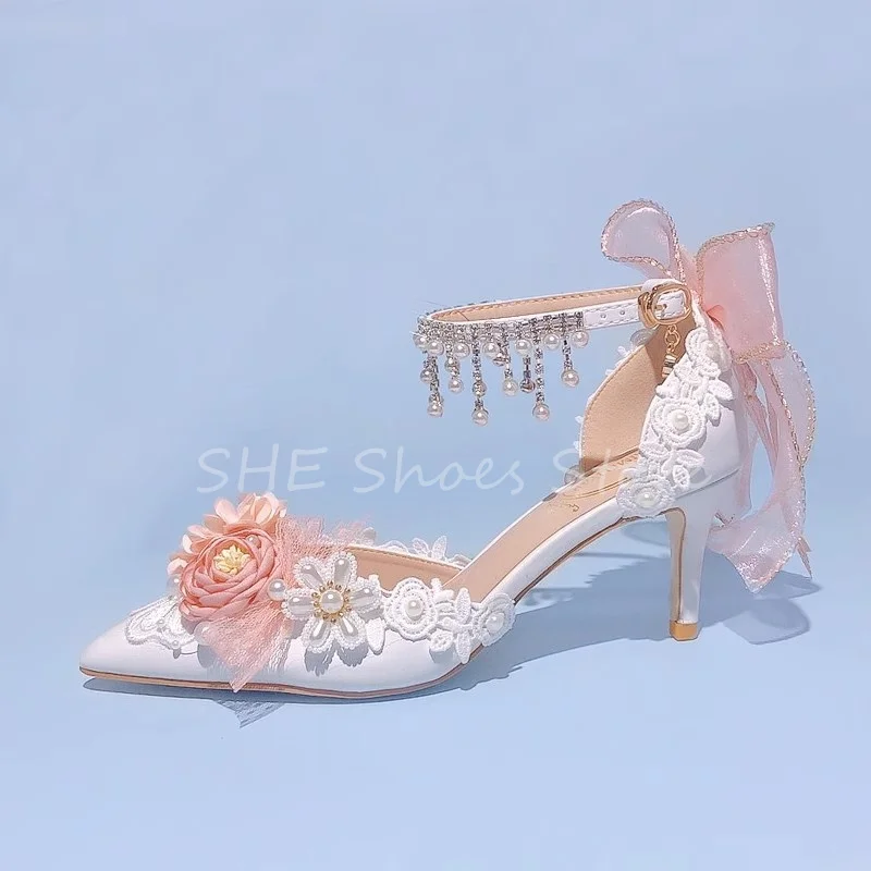 Pearl Rhinestones One-Strap Women Sandals Wedding Dress Shoes Flowers Butterfly Knot Lolita Girl Mary Janes High Heels Pumps