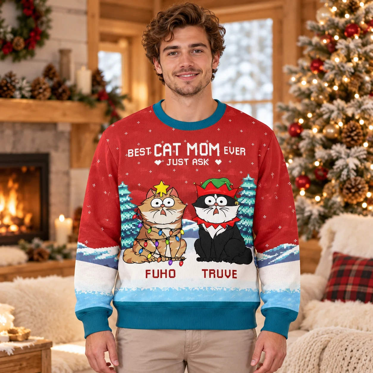 DIY Custom Pet Photo and Name Ugly Christmas Sweater Animal Portrait Print Long Sleeve Crewneck Sweaters for Christmas Gifts