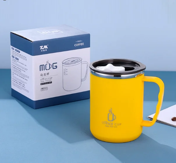Wasserflasche aus Edelstahl 304, doppellagig, Kaffeetasse, Milchbecher mit Kunststoffdeckel und Griff, 500 ml/17 Unzen