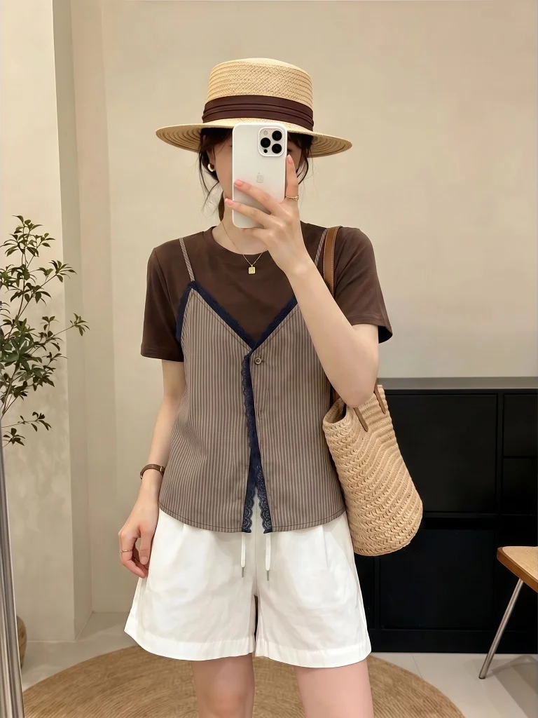 Summer New plus Size Women's Striped Vest T-Shirt Short Sleeve Layered Shoulder Top Korean Style Commute Wind Loose Fit