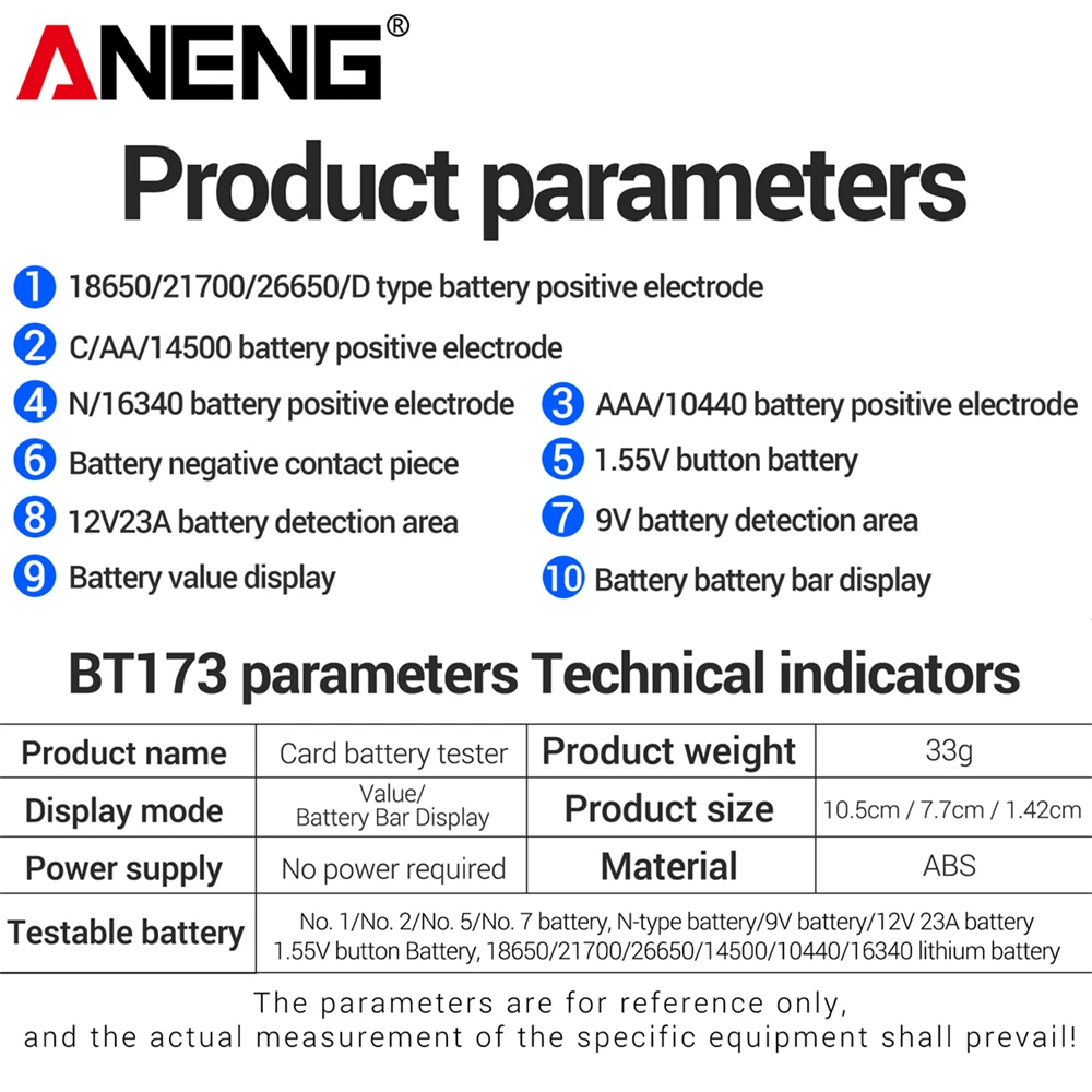 Universal Battery Tester ANENG BT173 Battery Detector Test C D AA AAA N 9V Cell Button Meter Visual Display Testing Tester Tools