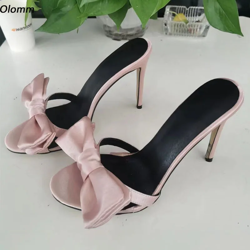 

Olomm/женские сандалии-мюли ручной работы, тапочки, атласные туфли на шпильке с круглым носком, красивые розовые туфли для вечеринок, женские размеры США, большие размеры 5-20