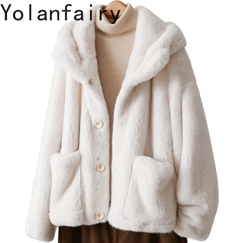 

YOLANFAIRY Luxury 2025 Autumn Winter Natural Mink Fur Coat Woman Hooded Short Real Fur Jacket Women's Clothing Whole Mink Coats