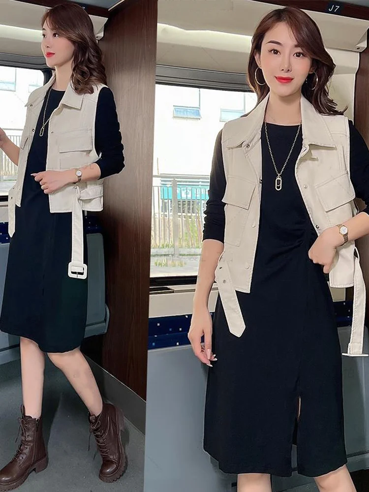 레트로 홍콩 스타일 여성용 PU 가죽 조끼 패셔너블한 슬림 다용도 버튼업 레귤러 길이 단색