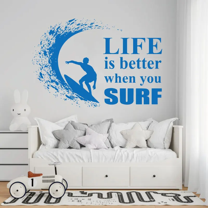 Slogan Surf Wall Sticker Ocean Surfboard Seaside Travel Holiday House Home Door Window Decoration Vinyl Decal Gift