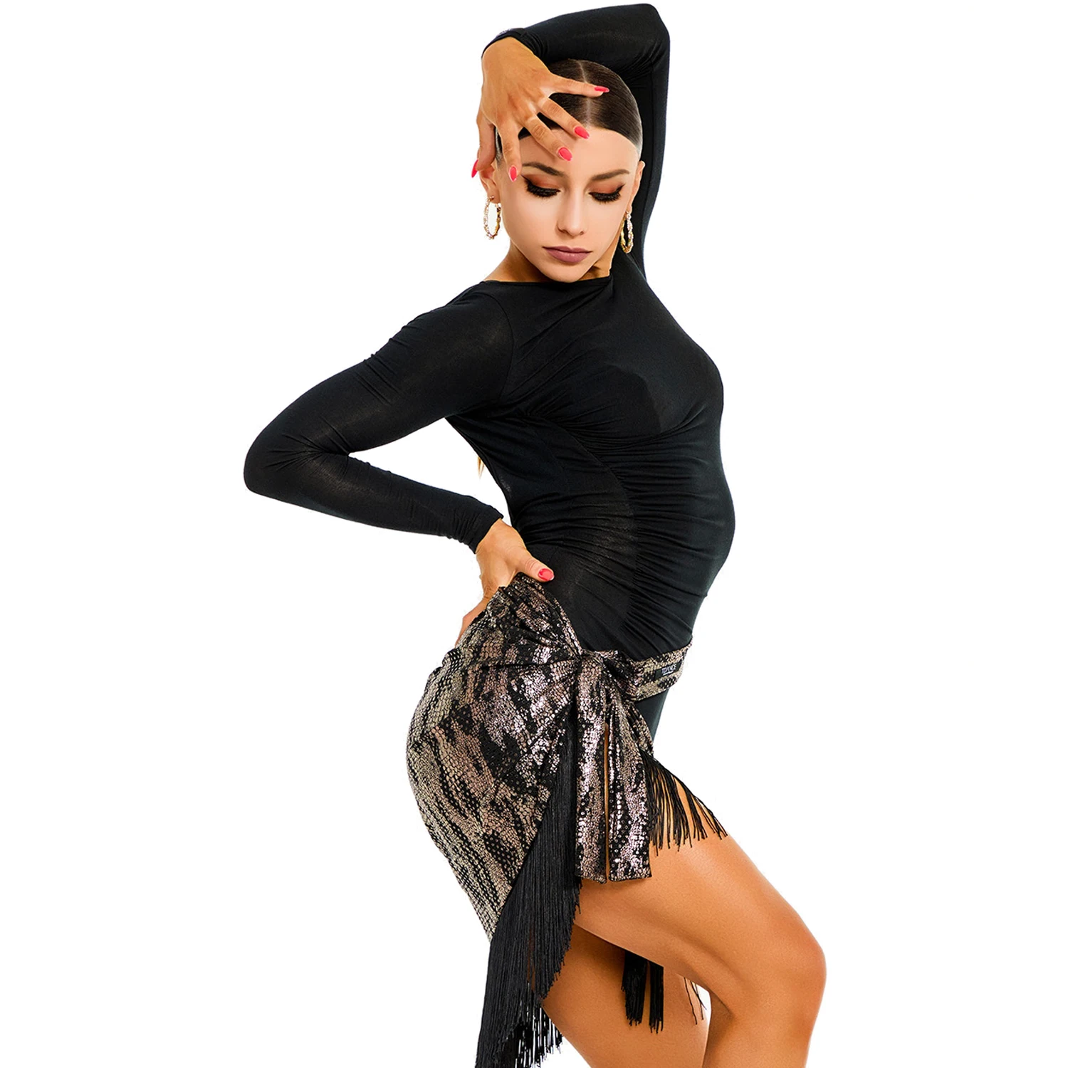 New Female Latin Dance Practice Top One-line Neck Pleated Backless Jumpsuit Slim-fit Top Chacha Tango Samba Dance Wear DQL10217