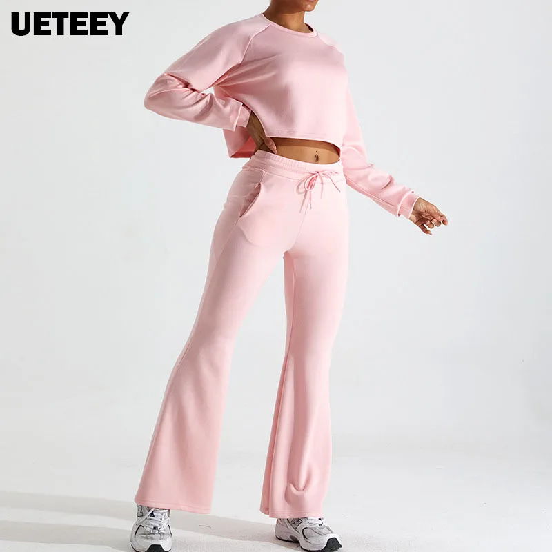 

2023 Workout Sets Women Yoga Sets Fitness Clothing Gym Outfits Active Wear Loose Crop Tops Sport Running Flared Pants Leggings