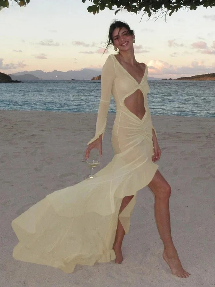 Solid Mesh Maxi Dresses Women Patchwork Hollow Out Long Sleeve Asymmetrical Beach Style Bodycon Female Concise Attirewear