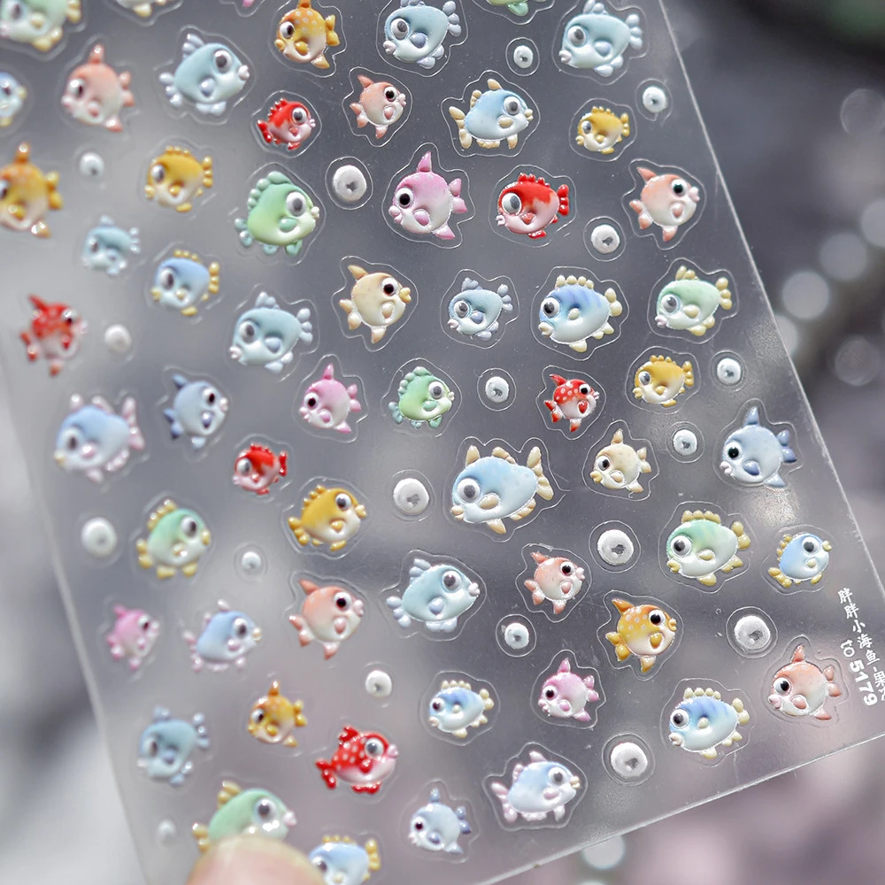 Playful Bubble the Fat Tiny Fish Nail Art Sticker Unique 5D Colorful Ocean Themed Self Adhesive Decoration Manicure Decal DIY