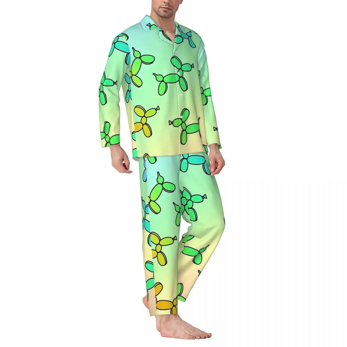 Bunter Ballon-Hunde-Druck-Pyjama für Herren, trendige Heim-Nachtwäsche, Frühling, 2-teiliges Pyjama-Set im Retro-Oversize-Design