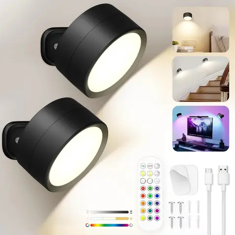 2PC LED Wall Mounted Lights with Remote Wireless Magnetic Wall Sconces 3 Color Dimmable Rechargeable for Bedroom Bedside Light