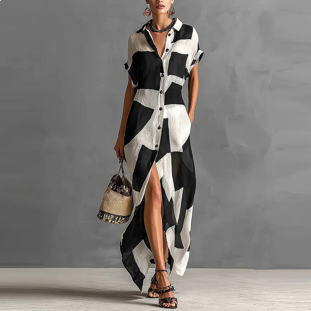2026 Summer Geometric Print Shirt Dress Long Dresses Women Casual Vacation Sunscreen