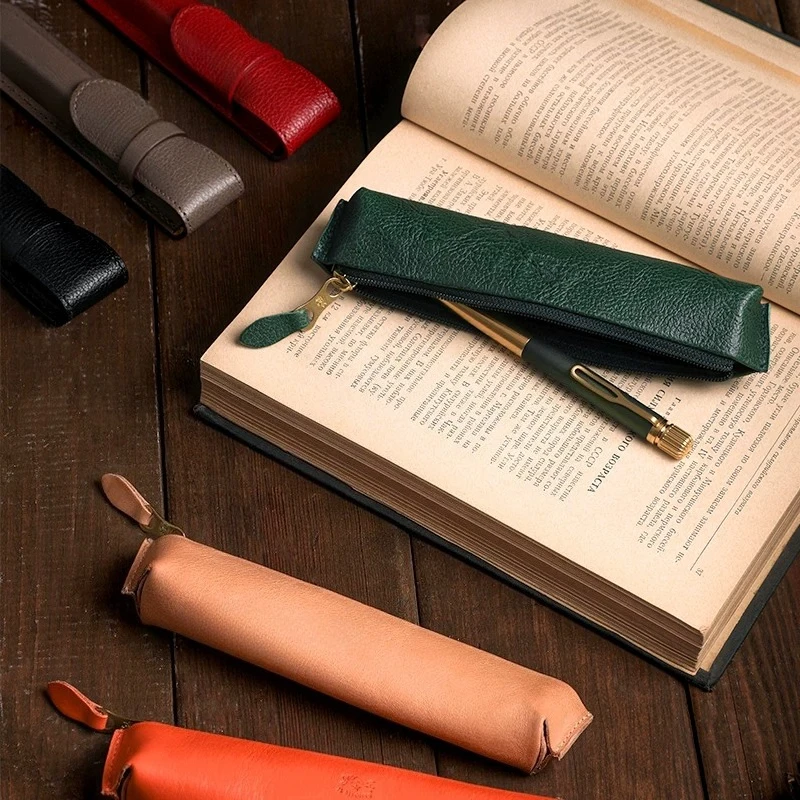 Vintage-style artistic small pencil case, premium genuine leather pencil case