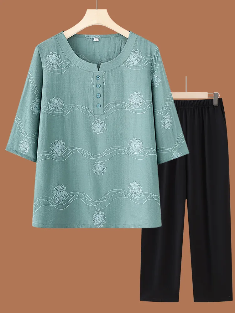 

Fashionable Cotton Linen Short Sleeve round Neck Top And Pants Set for Elderly Women Breathable Lightweight Summer Outfit